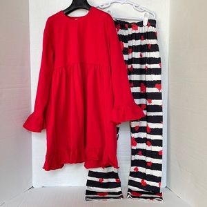 BMG Girls Jersey Red Dress Hearts Tights Size 10-12